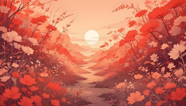 Illustration of a field of red flowers with a path leading into the distance