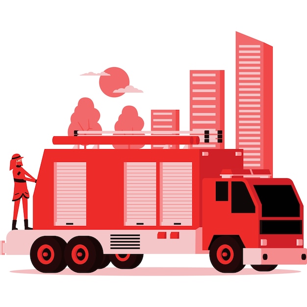 Illustration of firefighter truck and the firefighter on it