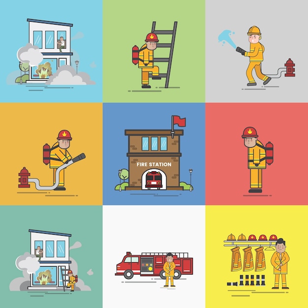 Illustration of firefighter vector set