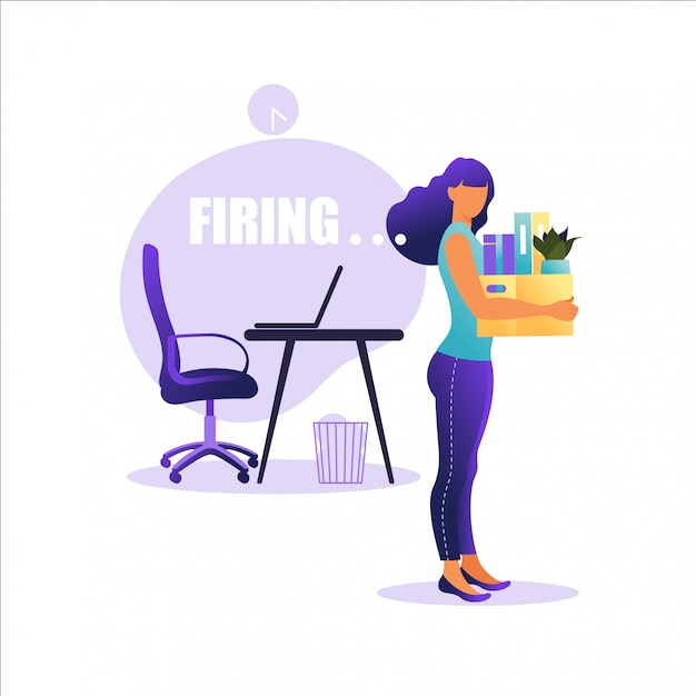   illustration of firing employee.  Woman standing with offices box with things. Unemployment concept, crisis, jobless and employee job reduction. Job loss.