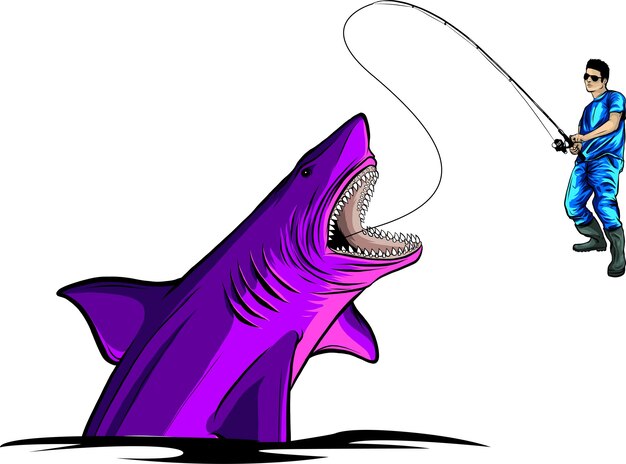 Vector illustration of fishing on sharks fisherman pulls a big fish