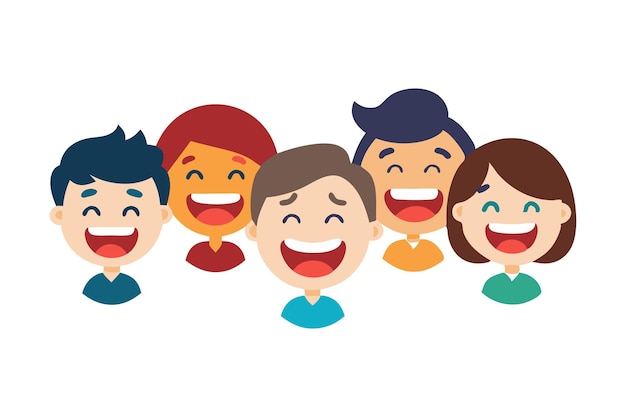 Illustration of five happy friends laughing together conveying joy and friendship