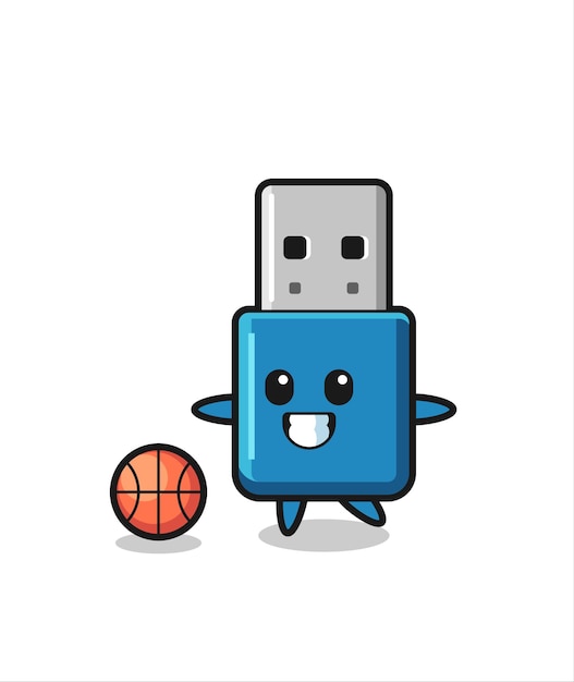 Illustration of flash drive usb cartoon is playing basketball