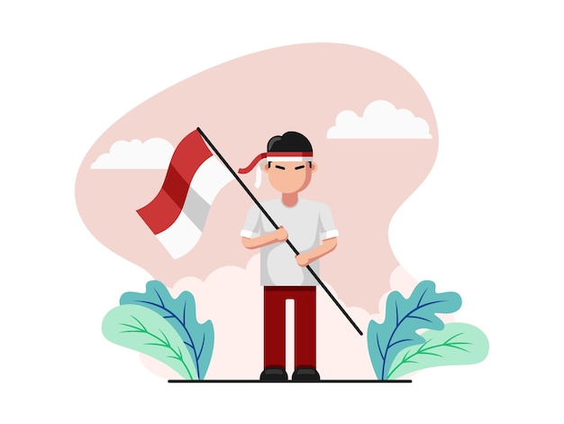 Illustration Flat design of Indonesian Young Warrior Holding a Flag. Flat design vector illustration