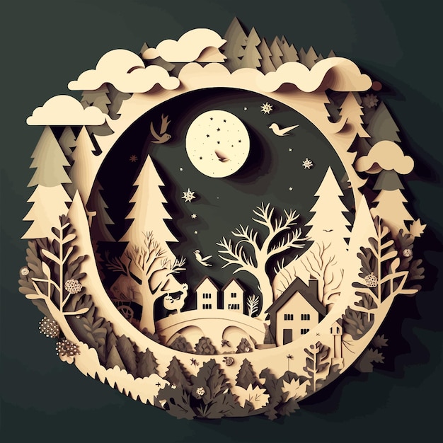 Illustration flat design landscape in Christmas background. paper cut style