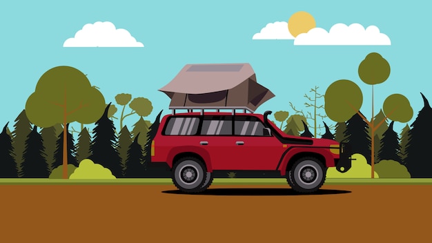 illustration of flat design red off road vehicle car camping with roof top tent with nature scene