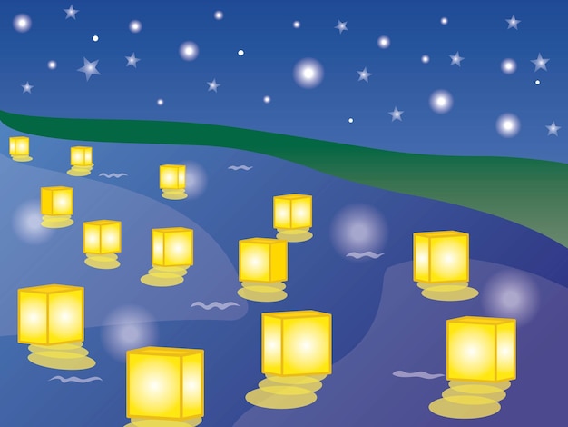 Vector illustration of the floating of lanterns under the starlit sky