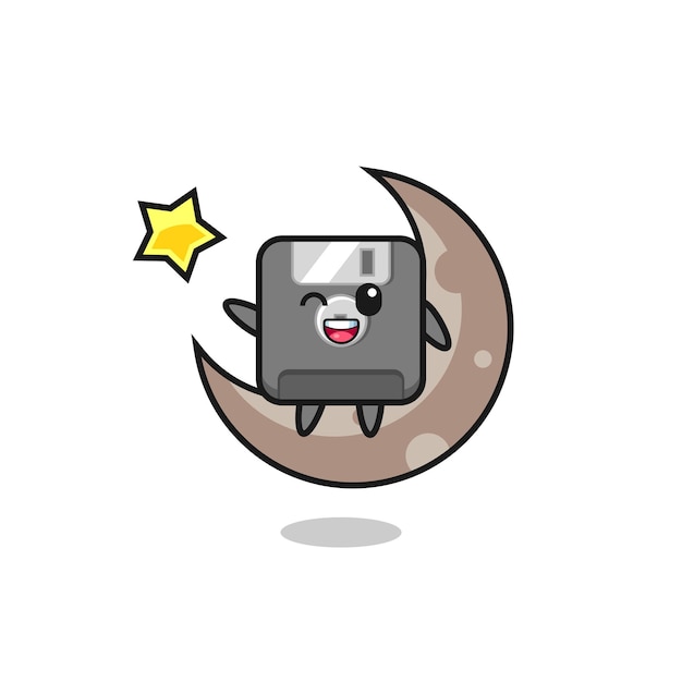 Illustration of floppy disk cartoon sitting on the half moon