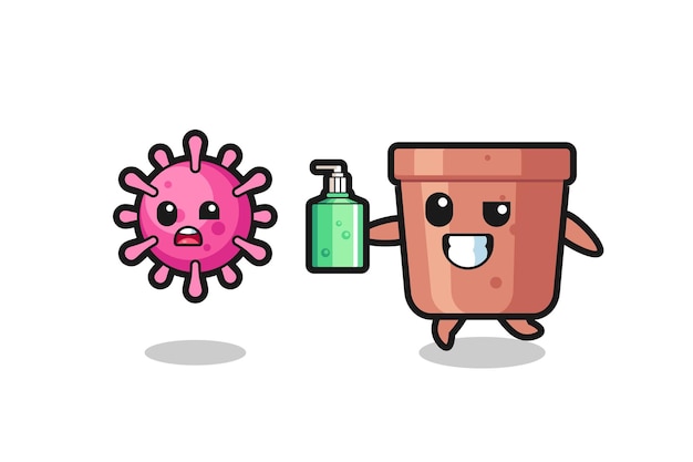 Illustration of flowerpot character chasing evil virus with hand sanitizer , cute style design for t shirt, sticker, logo element