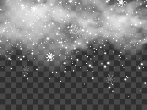 Illustration of flying snow on a transparent background.Natural phenomenon of snowfall or blizzard.