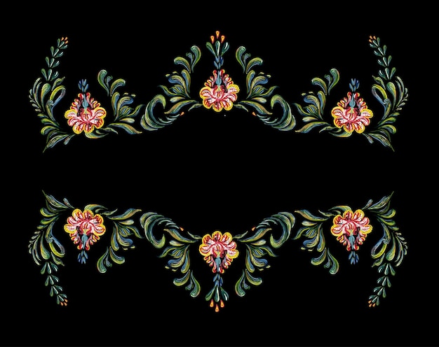 Illustration in folk style Beautiful border with flowers in vintage style