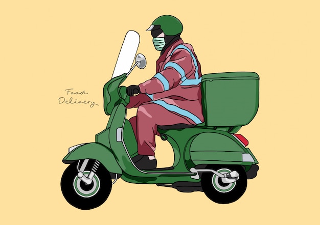 Illustration of Food Delivery Service / Man / Motorcycle with full protection during COVID-19 pandemic