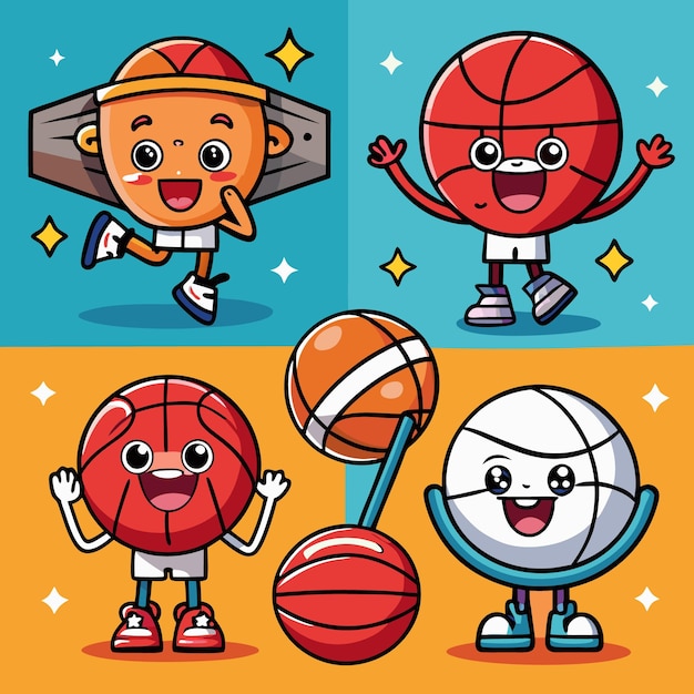 Vector an illustration of four basketballs with faces wearing clothes and shoes with one basketball spinning on a stick