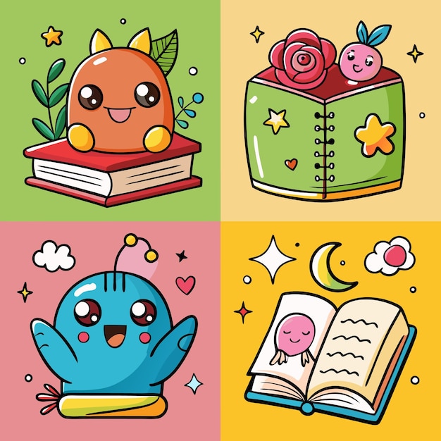 Vector illustration of four cute cartoon characters reading books featuring a monster a flower a creature and a pink character with a book open on each side