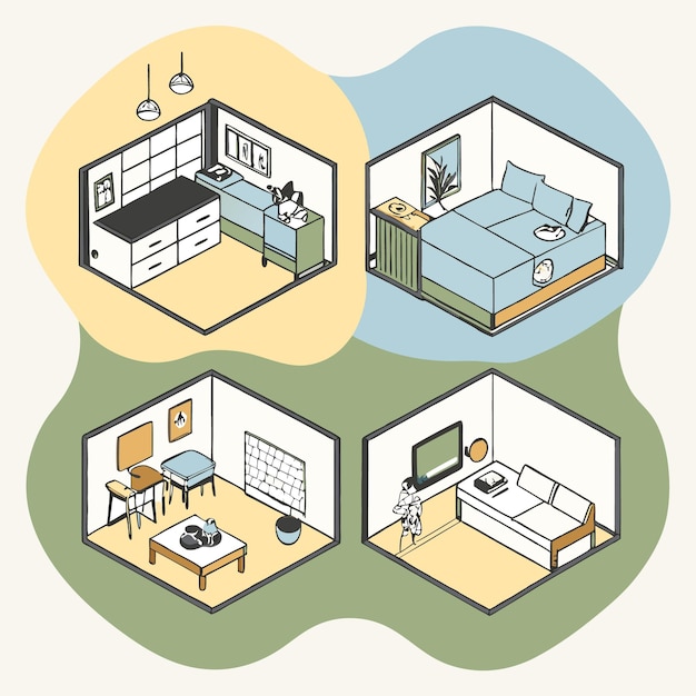 Illustration of four different isometric rooms with furniture a kitchen a bedroom a living room and a guest room