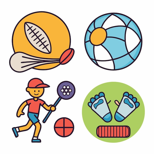 Vector illustration of four sports including badminton volleyball a cartoon figure playing tennis and a set of hockey gloves and a stick