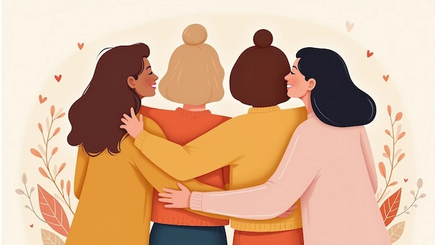 Vector illustration of four women embracing