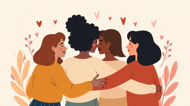 Vector illustration of four women embracing