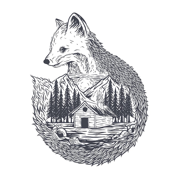 ILLUSTRATION FOX AND FOREST PREMIUM VECTOR