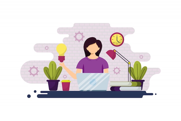 Illustration of freelancer, business woman, and remote working