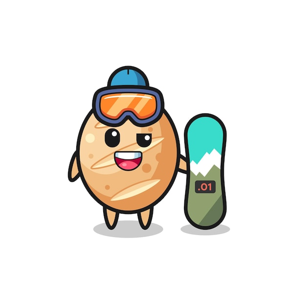 Illustration of french bread character with snowboarding style , cute design