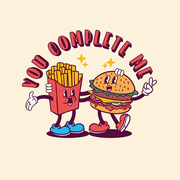 Illustration of french fries and burger characters friends