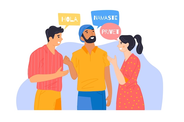 Illustration of friends talking in different languages