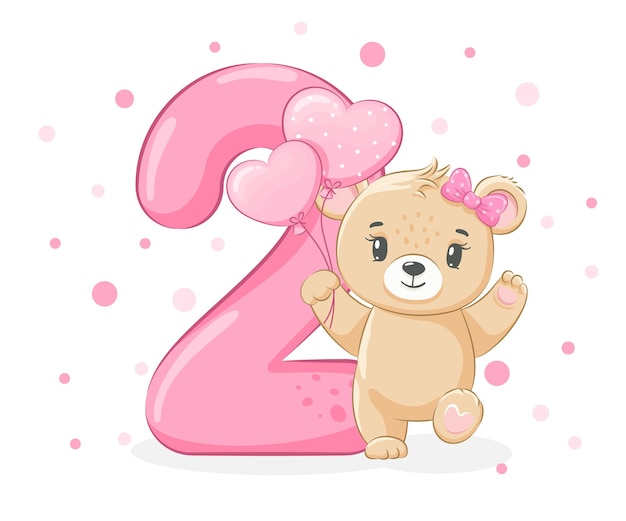 An illustration from the cartoon "Happy birthday, 2 years old", a cute little bear girl. Vector illustration.