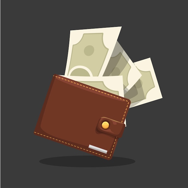 Illustration of front view on closed full brown leather wallet with sticked out money