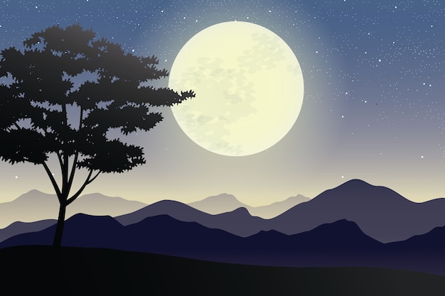 Illustration of Full Moon on Mountains and Hills Landscape