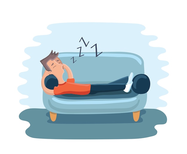 Vector illustration of funny cartoon man sleeping at home on sofa.