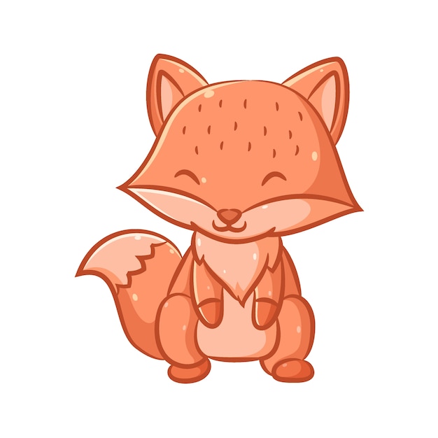 The illustration of funny and cute orange fox with the big tail is sitting with his feet and happy face