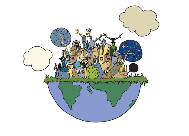 illustration of funny Monsters Population with continents of Our World