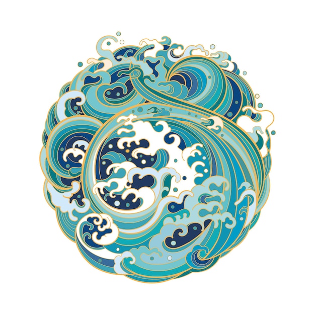 illustration of geometric shape circle with marine waves in traditional oriental style.