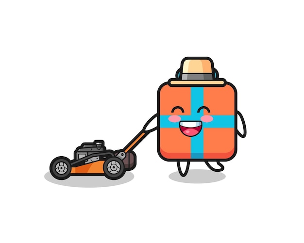 Illustration of the gift box character using lawn mower