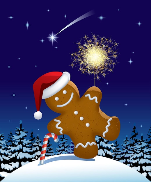 Illustration of gingerbread man wih a sparkler. Vector illustration.