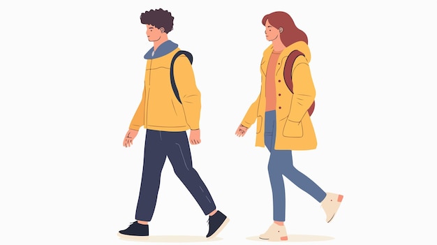 Vector illustration of a girl and boy walking in a yellow coat