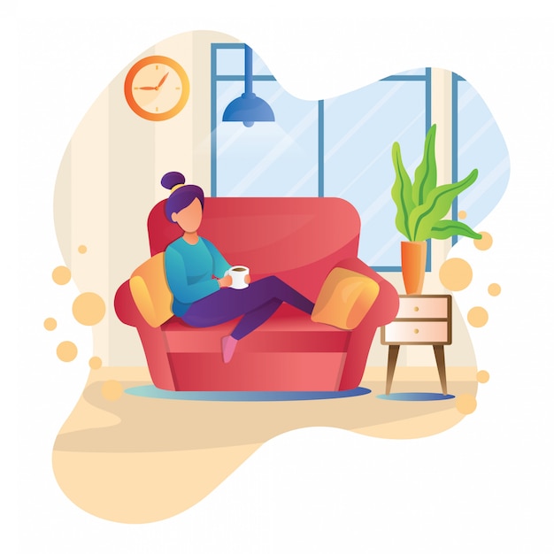 Illustration of girl drinks coffee on the sofa