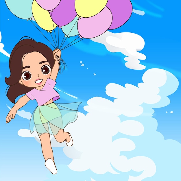 illustration of a girl fly with balloons