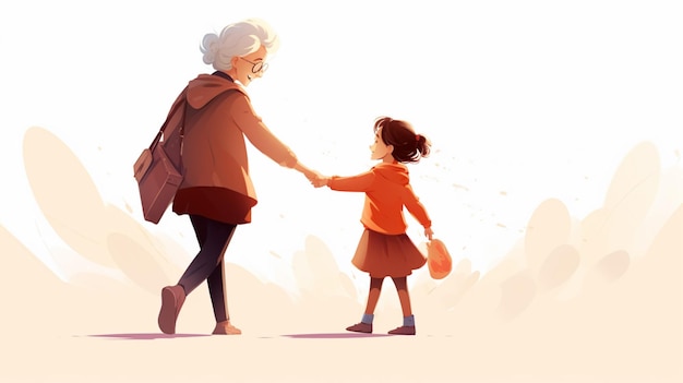 Vector an illustration of a girl and her grandmother holding hands