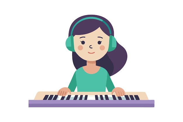 Illustration of a girl playing piano with headphones on listening to music