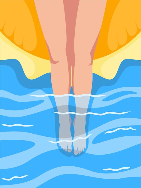 Illustration of girl's feet in the swimming pool with lifebuoy. Flat design vector illustration.