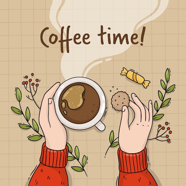 Illustration of a girl's hand with a cup of coffee and cookies