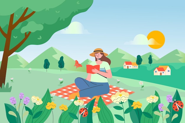 An illustration of a girl sitting on the grass reading