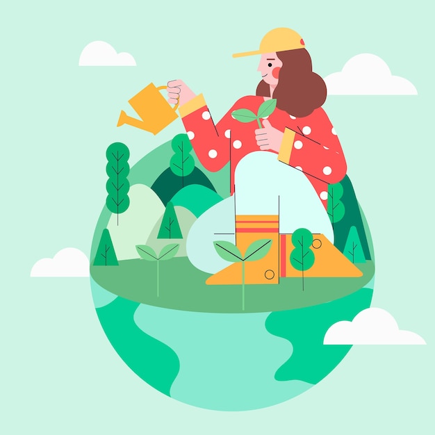  illustration of a girl sitting on a green earth planting trees