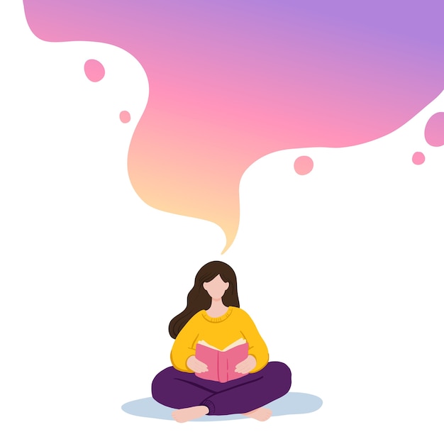 illustration of girl sitting and reading book, dreaming.