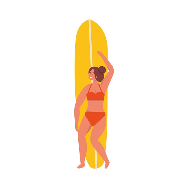  illustration of girl surfer standing with a surfboard. Summer .