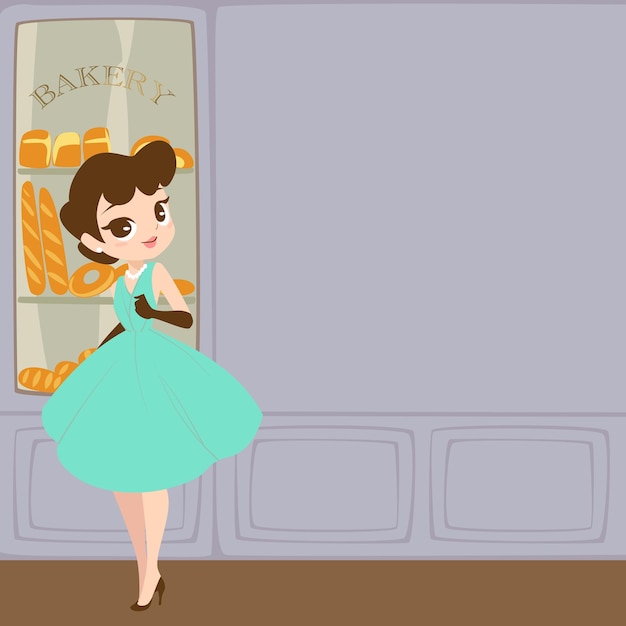 illustration of a girl with blue dress in front of bakery