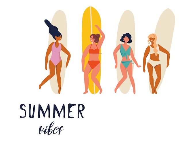 illustration girls surfer standing with a surfboards Summer vibes