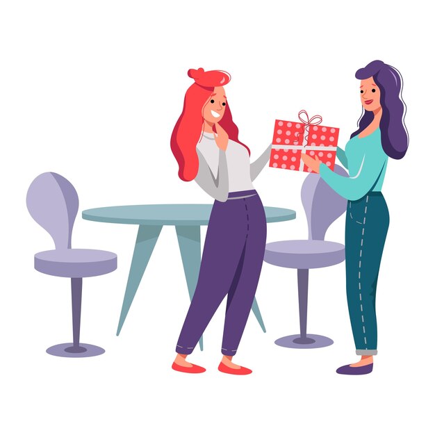 Vector illustration of a giving a gift two women friends in different background